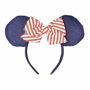 NEW Disney Minnie Mouse Denim Ears Headband Striped Bow Theme Park Accessory